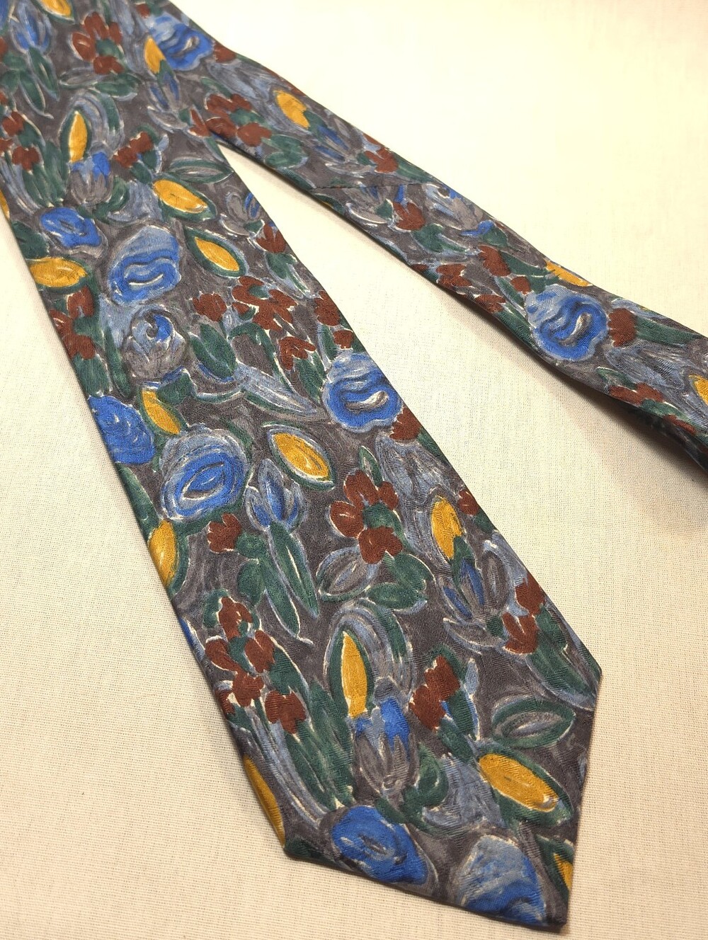 Emanuel Ungaro Floral Silk Tie in Gray, Blue, Green, Yellow, Brown - Picture 2 of 3